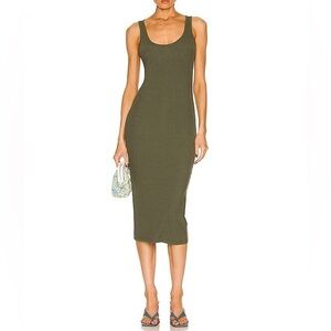 L'AGENCE Green Scoop Neck Ribbed Midi Dress